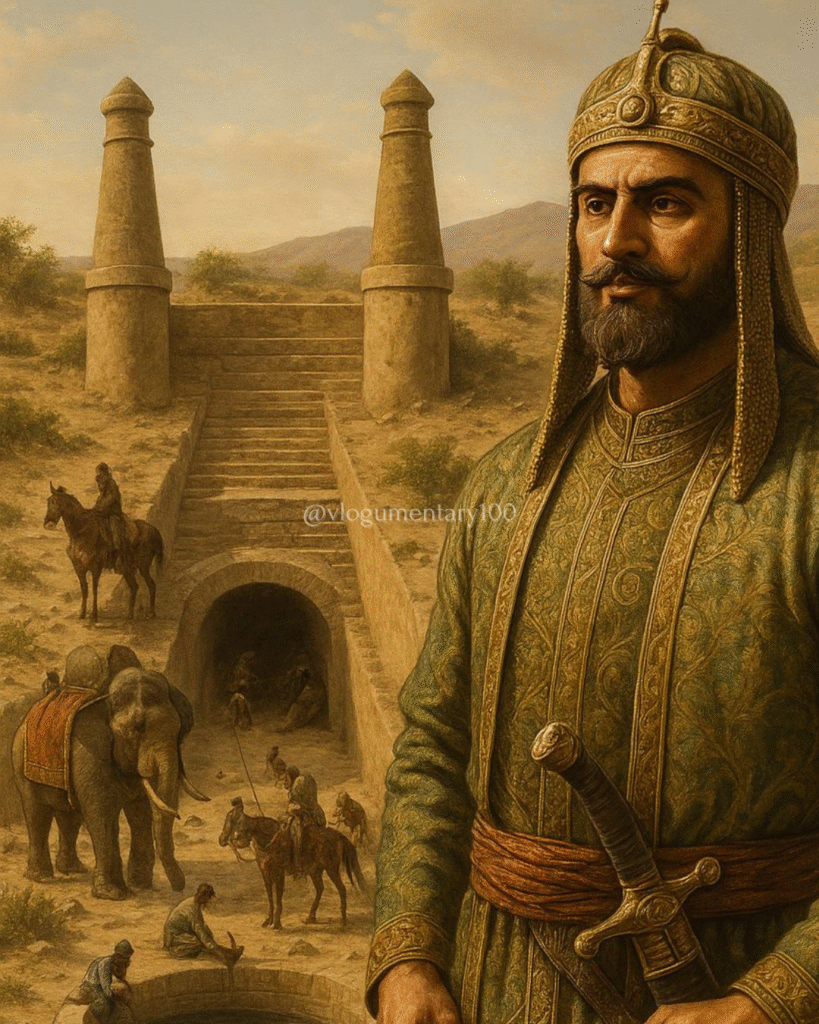 AI-generated image of Sher Shah Suri standing in front of the Wan Bhachran Stepwell with his army, symbolizing the rich history preserved through heritage tourism in Pakistan