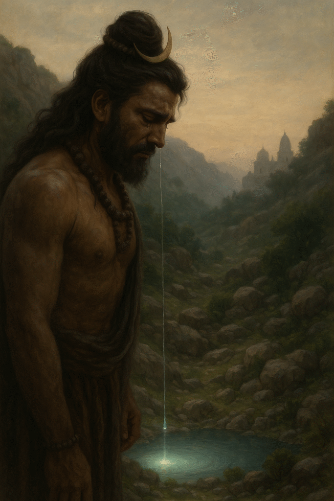 An AI-generated photo of a Shiv is crying, and his tears are falling to the ground, forming a puddle.