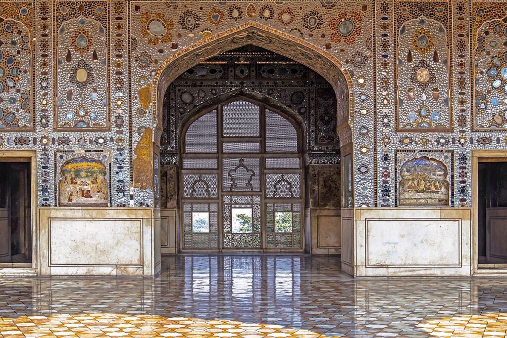 The Sheesh Mahal is elaborately decorated with a myriad of reflective glass tiles. 