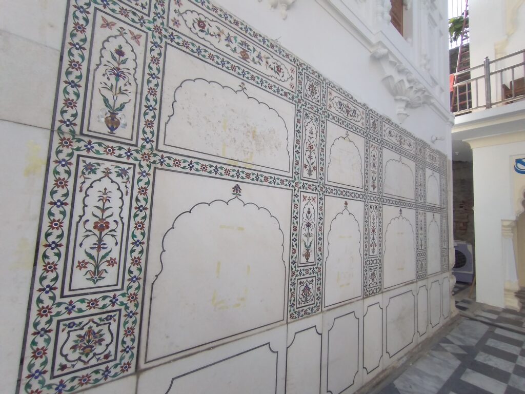White marble walls of Gurdwara Janmashtham Guru Ram Das in Lahore